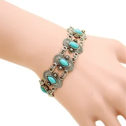 Vintage Ethnic Bohemian Bangles For Women Wife Beach Engraving Pattern Oval Green Stone Adjustable Bracelets Wrist Band Jewelry