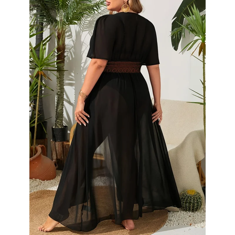 MOXDOSheer cover-up, sheer maxi skirt, casual beach vacation style, deep V-neck, tie-front, plus size, for the pool, poolside, 2