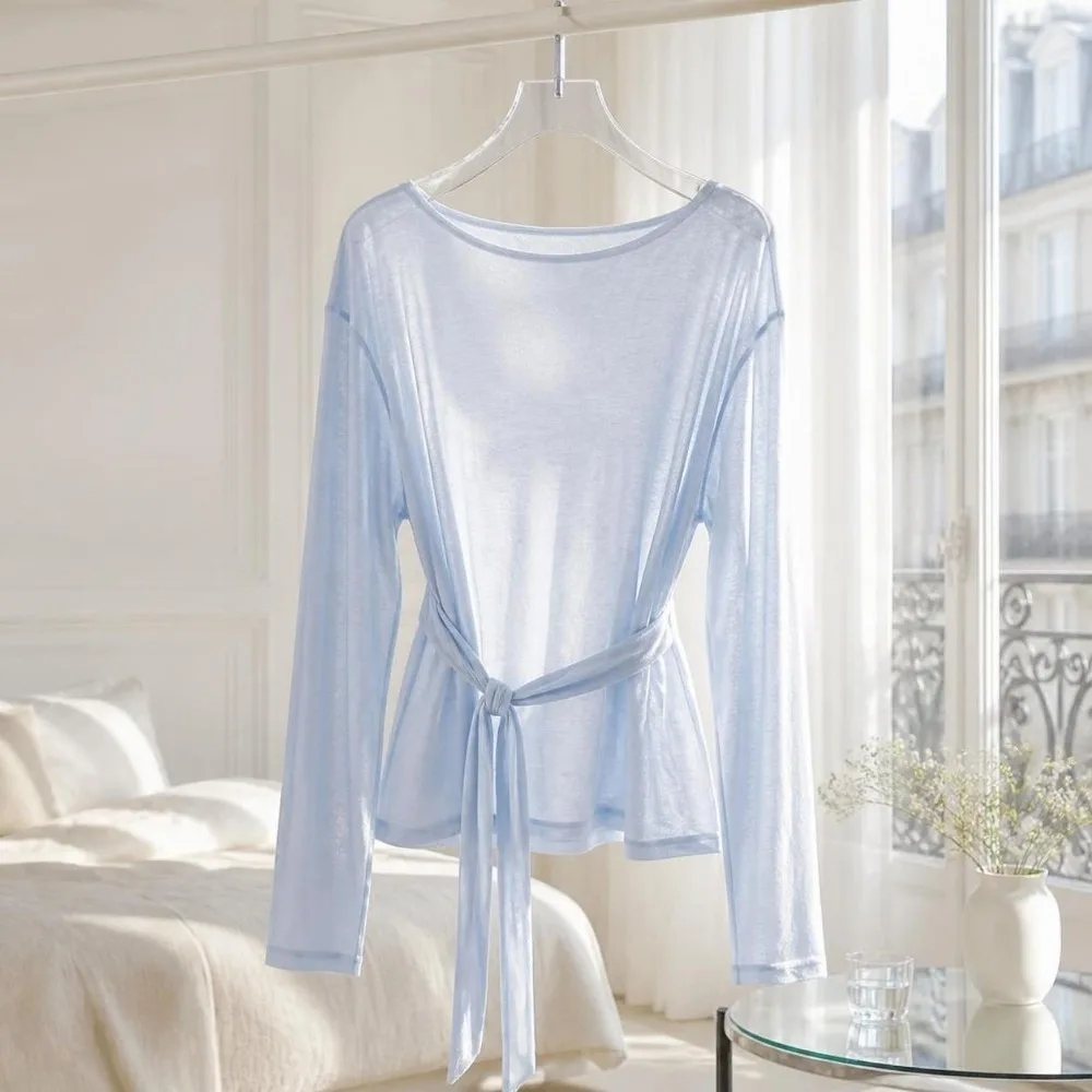 Casual Long Tees Sheer Long Sleeve T-Shirt Off Shoulder Back Tied-up See Through Top Loose Oversize T-Shirt Autumn Season