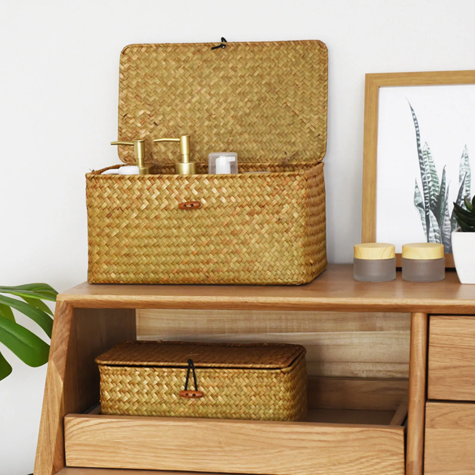 Wicker Storage Basket Woven Rattan Storage Laundry Basket With Lid Straw Weaving Storage Box Solid Fashion Storage Box