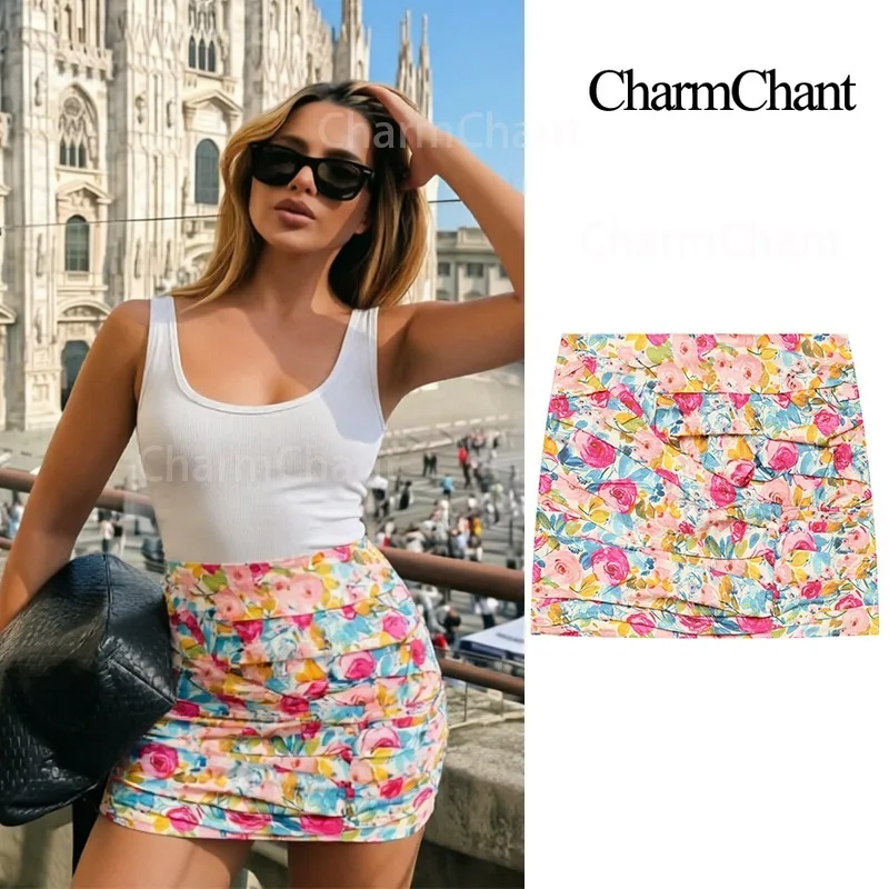 

CHARMCHANT Women's Floral Ruched Mini Skirt High Waisted Y2K A-Line Skater Skirt Summer Boho Pink Blue Print Party Club Wear