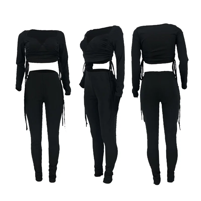 Sexy Two Piece Set Women Festival Clothing Drawstring Ruched Long Sleeve Crop Top and Pants Leggings Party Club Birthday Outfits