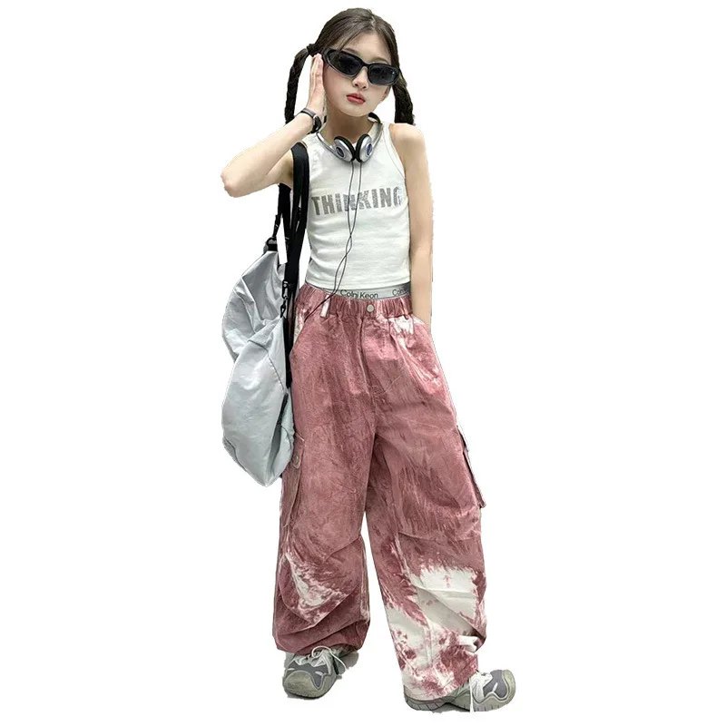 Girls Tie Dye Suit 2024 New Spring And Summer Teenage Kids Letter Printed Vest + Cargo Pants 2Pcs Set Age 6 8 10 12 14 Years Old