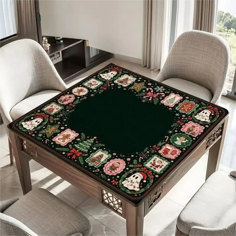 VIKAMA Christmas Mahjong Mat Dark Green Stamp Border Santa Snowman Gingerbread Square Game Table Mat 2027 Christmas Home Decor