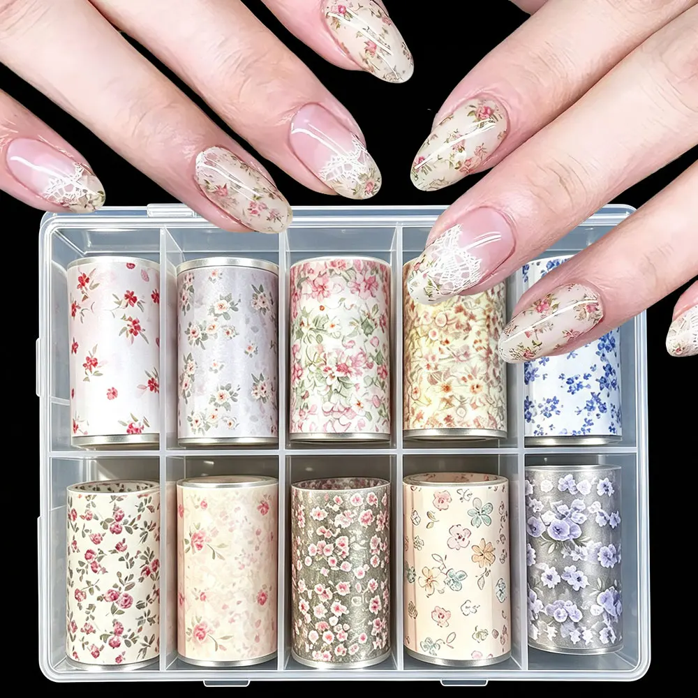 10Rolls Cute Mini Flower Nail Foil Transfer Stickers 3D Colorful Rose Daisy Starry Sky Paper Nail Decals Flower Transfer Sliders