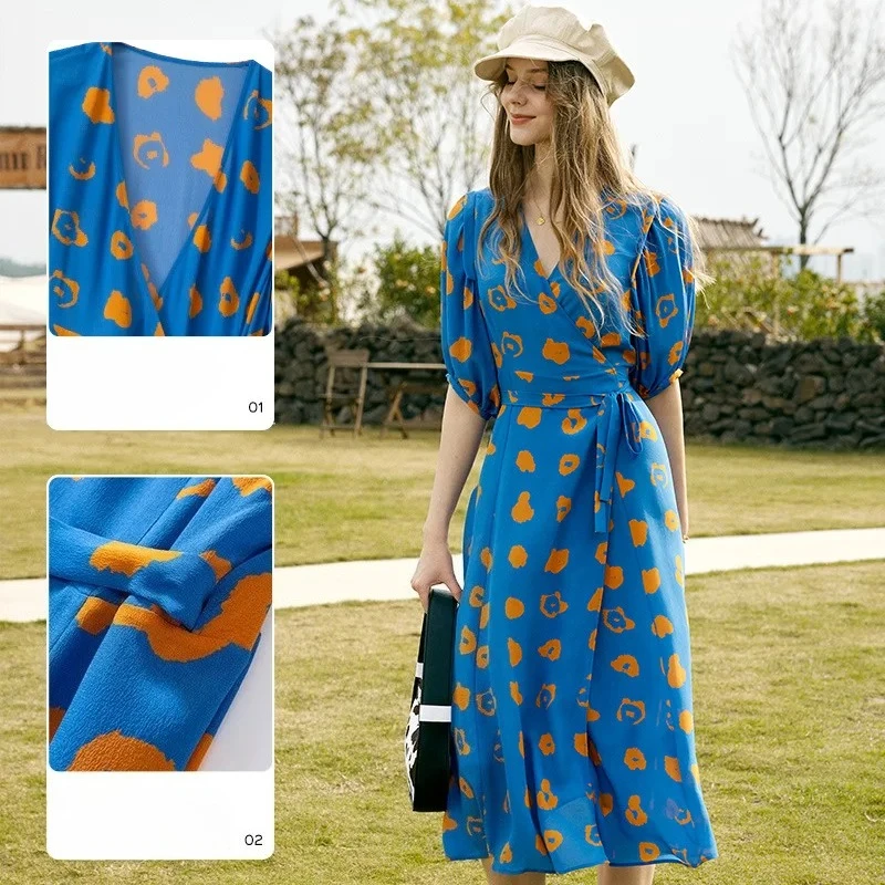 Vestido de seda verão 2025 design de emenda vestido longo nova lanterna vestido francês de manga curta