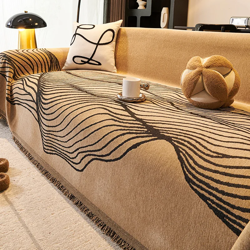 Retro Striped Printed Sofa Cover with Tassels Soft Chenille Full Cover Couch Slipcover Anti-Wear Pet Friendly Armrest Towel