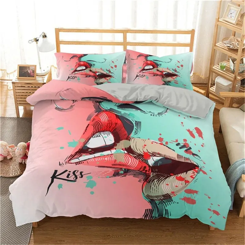 3D Print Duvet Cover King Size Love Bedding Set Lips Kissing Pattern Comforter Cover Bedding Decorative For Women Girls Lovers