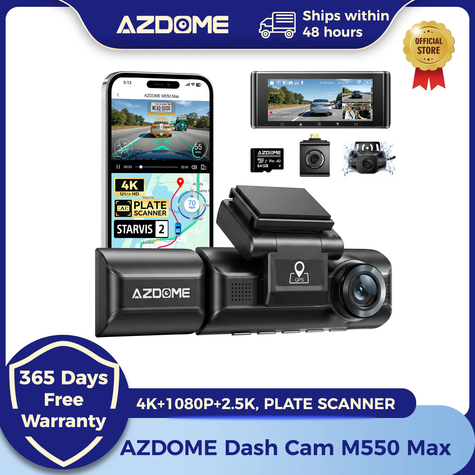 AZDOME 4K Dash Cam M550 Max Built-in GPS Wifi Camera Car DVR 3.18”Screen Night Vision 24H Parking Monitor Support Rear Cam