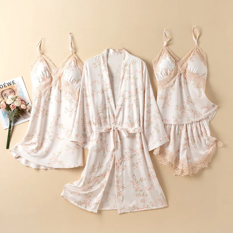 

4PC Pajamas Set Lace Sleepwear Nightwear Women Rayon Lace Homewear Summer Print Bathrobe Cami&shorts Sleep Suit Lingerie