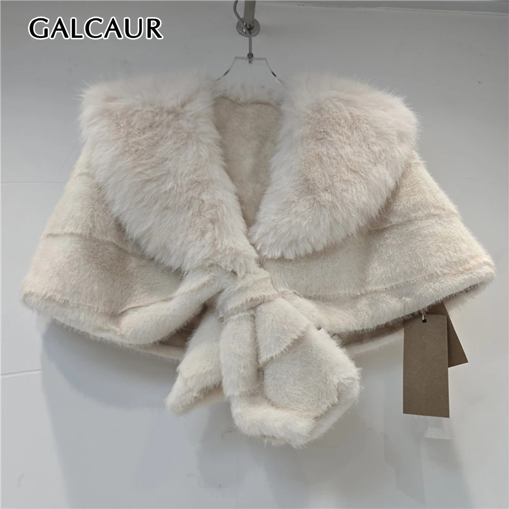 GALCAUR Solid Spliced Fluffy Loose Jacket for Women V Collar Cape Sleeve Patchwork Pleated Temperament Jackets Female Fashion