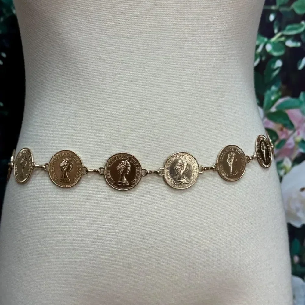 High Quality 80s Gold Coin Alexander The Great Chain Belt Women Waist Belly Chain Fashion Accessory