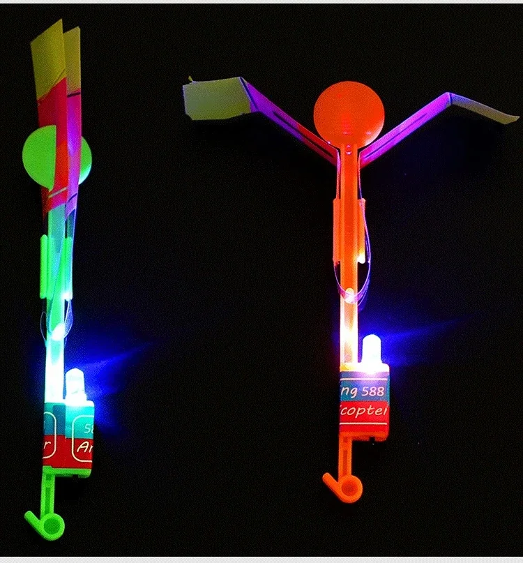 Foguete luminoso de voo ao ar livre com luzes LED piscando, estilingue luminoso infantil, helicóptero elástico, brinquedos rotativos, 10pcs