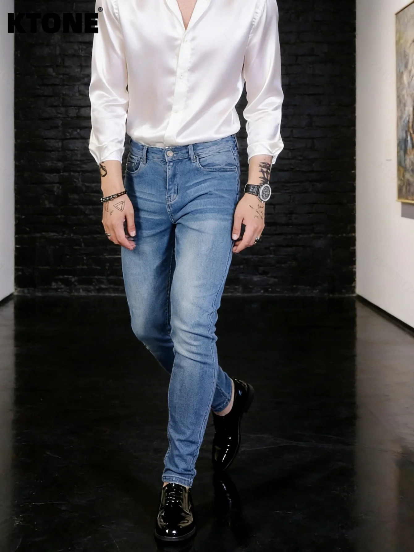 

Классические синие джинсы Slim для мужчин в стиле Y2K Original Drip, повседневные, без аксессуаров и ремней