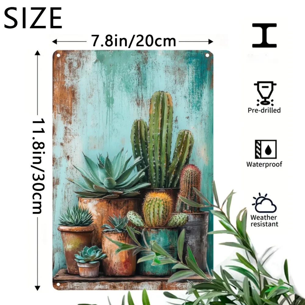 Cactus Potted Plants Iron Sign - Vintage Succulent Metal Poster for Farmhouse Garden, Rustic Botanical Wall Decor