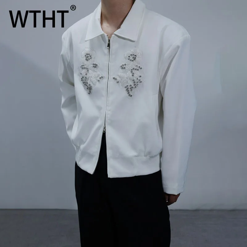 

WTHT Fashion Men‘s Spliced Diamond Embroidery Design Coats Trendy Turn Down Collar Zipper Jackets Male 2025 Autumn 2A2096