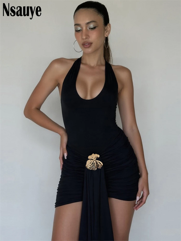 Nsauye 2025 夏休みノースリーブホルターミニボディコンドレス女性のためのクラブパーティー背中の開いたイブニングショートドレス Vestidos
