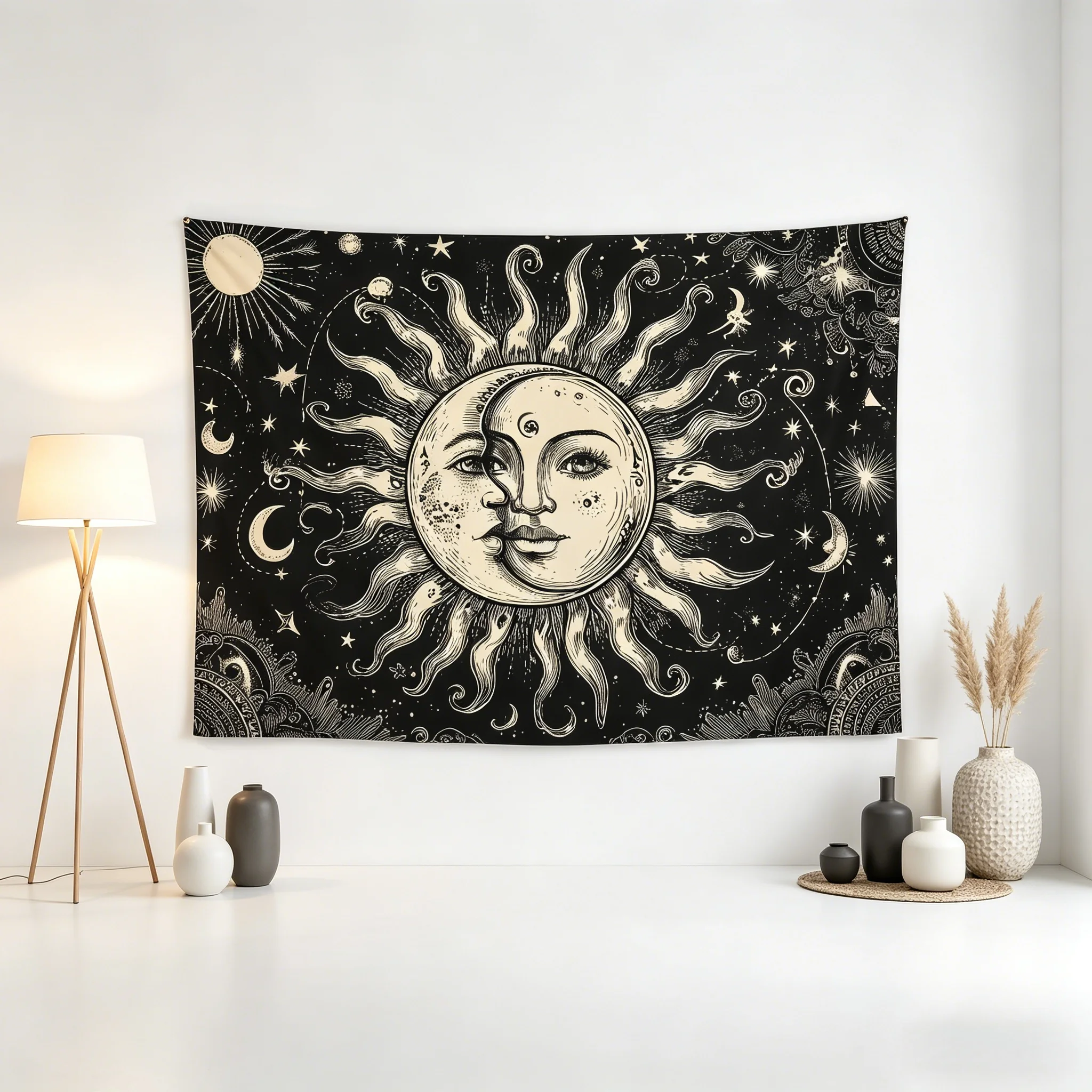 Vintage Sun Moon Star Tapestry Bohemian Style Decor for Living Room Bedroom Bed Headboard Flat Print Design Multiple Sizes