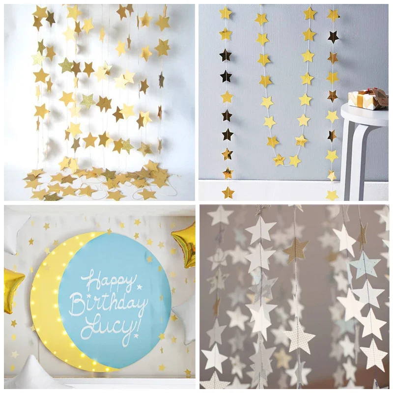 4M Paper Glitter Gold Blue Moon Star String Garland Hanging Banner Wall Party Decorations for Eid Mubarak Wedding DIY Decoration