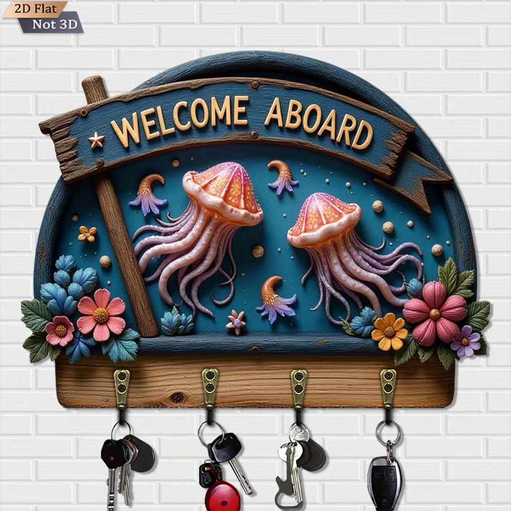 2D Flat Design, 1pc, Jellyfish Flower Key Hook, Wooden Multi-Functional Home Key Holder, with Four Metal Hooks, Suitable for