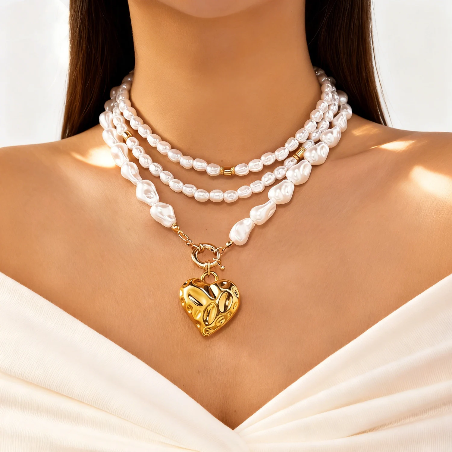Exquisite barocke Imitationsperlen-Halskette für Frauen, minimalistische, unregelmäßige Herzform, geschichtete Kette, Freundschaftsschmuck, Geschenke – Detail 6