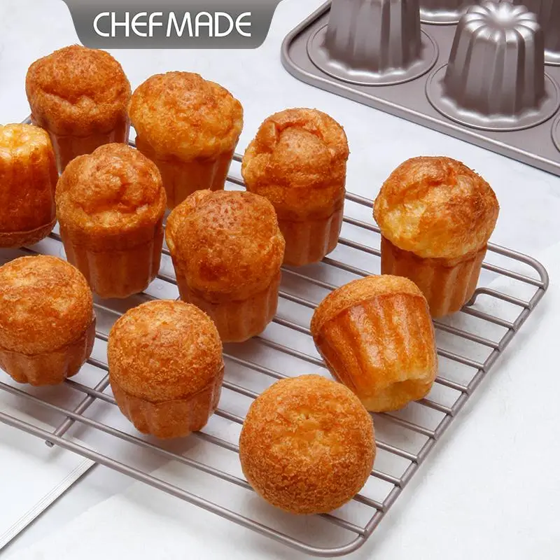 Chefmade 12/6 Cups Canelé Non-stick Mold Carbon Steel Easy Release Baking Tray for Butter Rice Cake Brazilian Bread