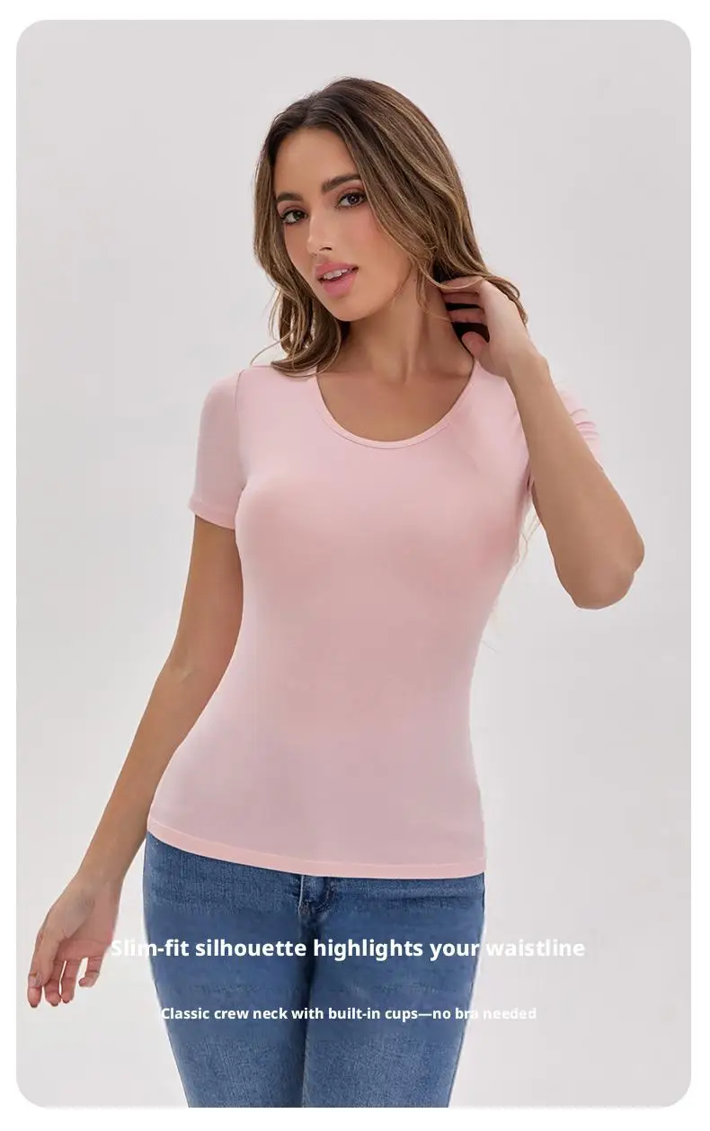 Ubowen Für 40-90 kg große Frauen, Übergrößen-T-Shirt mit kurzen Ärmeln, integriertem BH, Rundhalsausschnitt und festem Körbchen. – Detail 15
