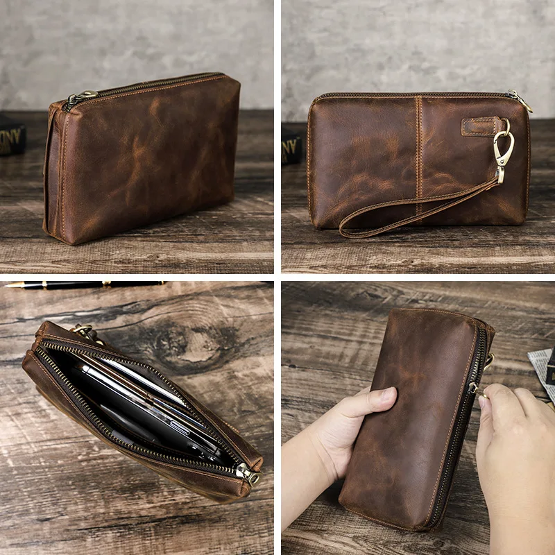 Crazy Horse Leather Genuine Cowhide Wristlet Clutch Durable Multi-purpose Wallet Phone Pouch for MenDaily Use Travel Purse Bag