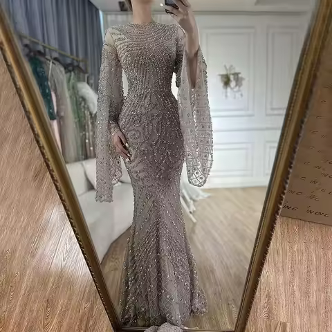 Middle Eastern Islamic Silver Beaded Luxury Evening Dress Modern Style Wedding Party Gown فساتين سهرة