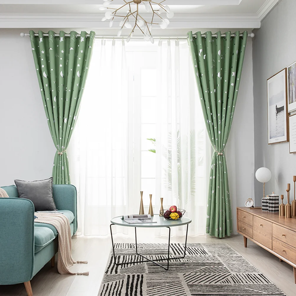 Cortina de Janela com Isolamento Térmico e Escurecimento, Design de Estrelas e Lua Prateadas, Simples e Moderna, para Quarto e Sala de Estar