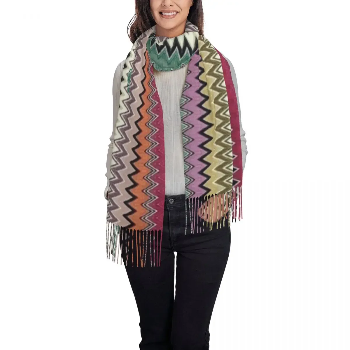 Colorful Zig Zag Chevron Scarf Wrap for Women Long Winter Fall Warm Tassel Shawl Unisex Bohemian Geometric Scarves