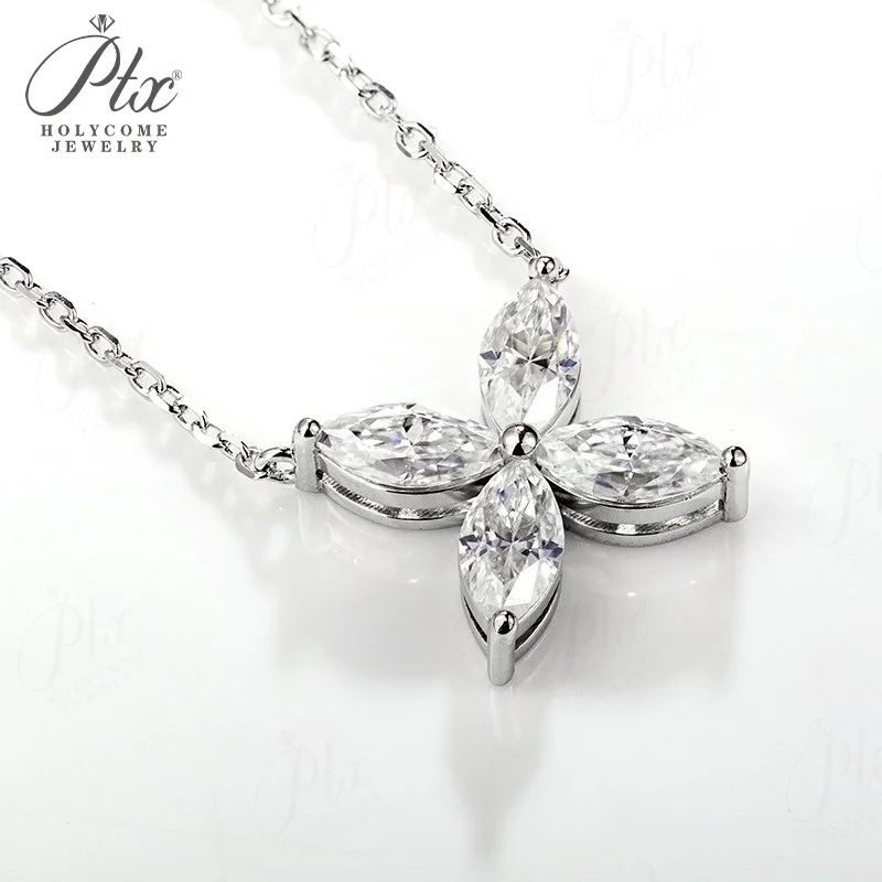 Moissanit-Halskette für Damen, Marquise-Form, vierblättriges Kleeblatt, Silber 925, hypoallergene Anhänger, hochwertiger Schmuck für den täglichen Gebrauch, Bankettschmuck – Detail 15