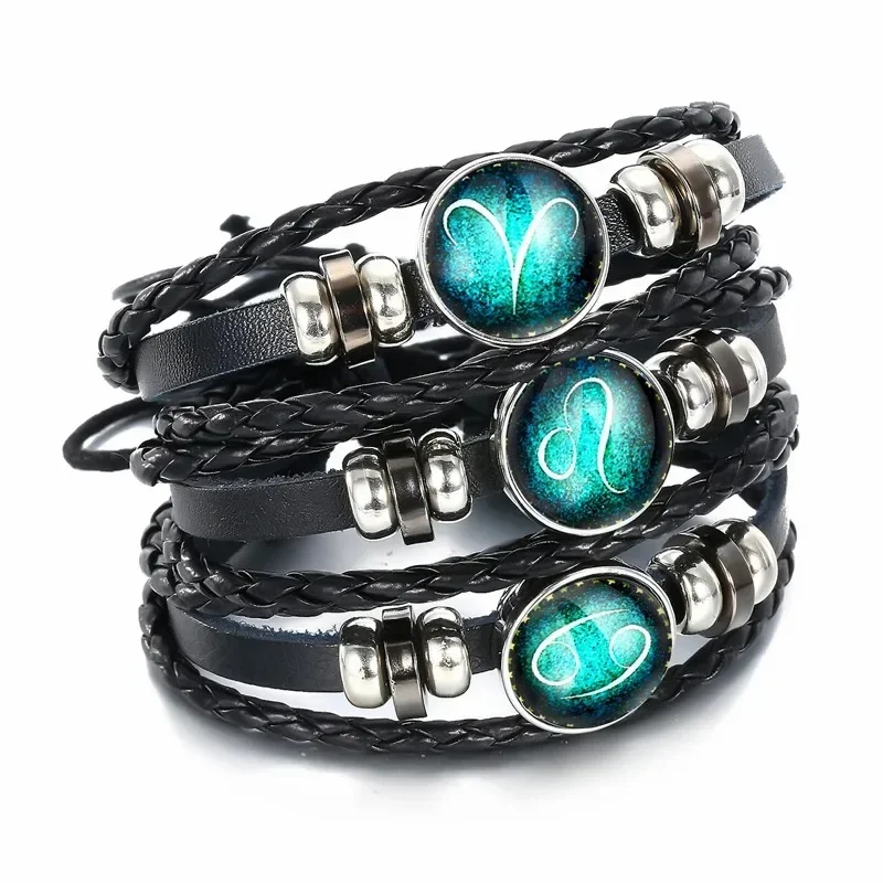 Leuchtendes 12-Sternbild-Armband, Sternzeichen-Perlen, Leder-Armreif, Armbänder für Damen, Punk, Herren, Schmuckzubehör