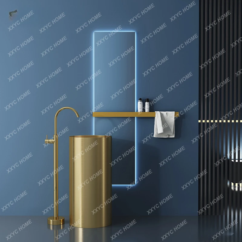 Gold Light Luxury Thin Edge Stainless Steel Column Type Washbasin Bar Gold Wash Basin Integrated Floor Type