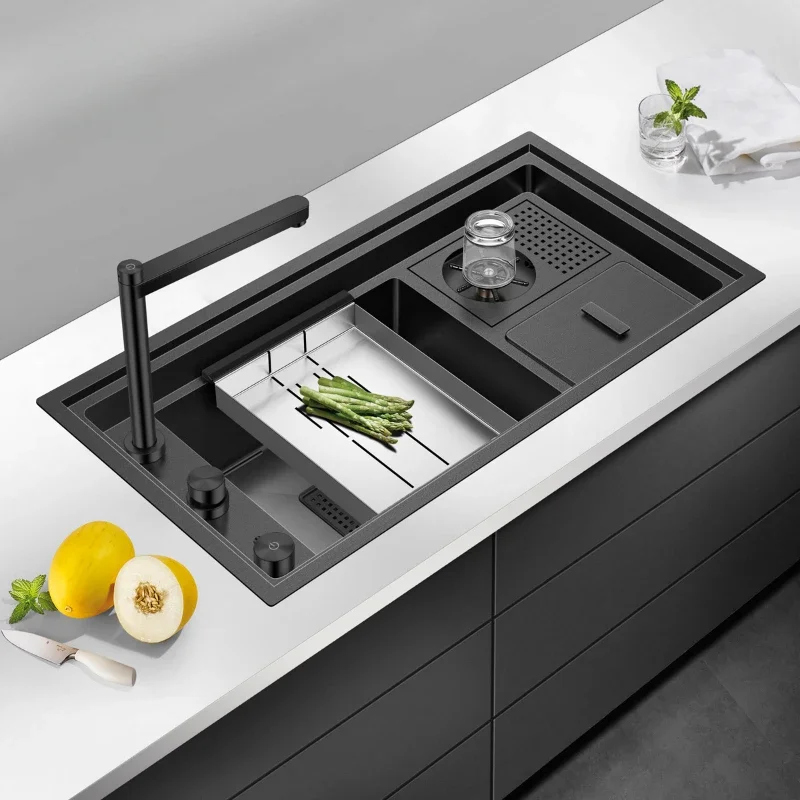 

Invisible black nano stainless steel kitchen sink with large single slot and cup washer trash can