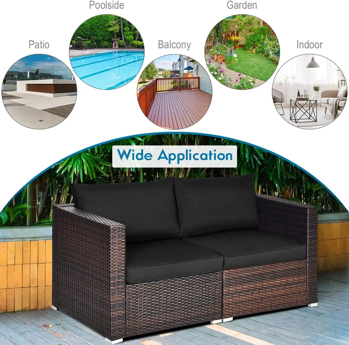 قطعتان من أريكة Wicker Loveseat، أريكة أثاث الفناء مع وسائد قابلة للإزالة، أريكة الروطان للشرفة، سطح السفينة، الحديقة، بجانب حمام السباحة