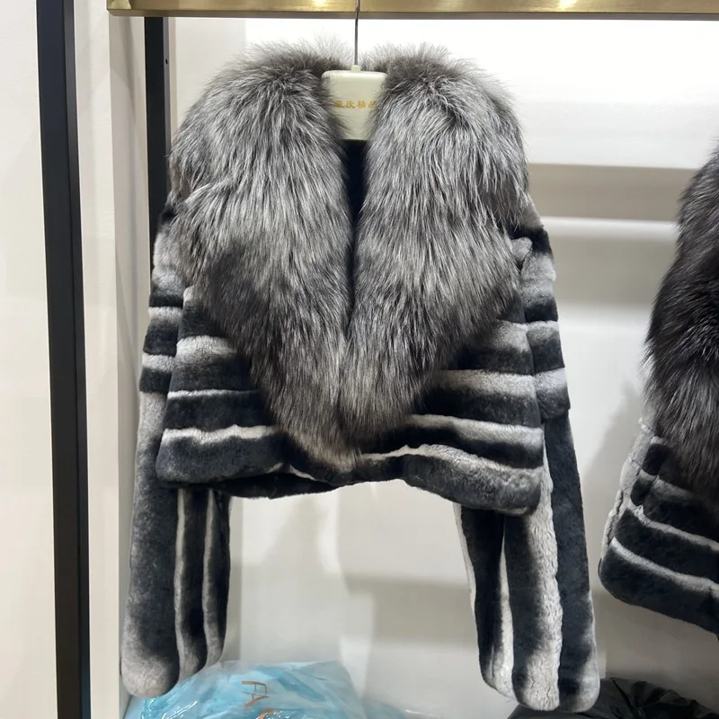 2024 neue Damen Chinchilla gestreifte Jacke echtes Rex Kaninchen fell mit großem Silberfuchs Pelz kragen Länge 45cm Mantel Paket Mail Wint