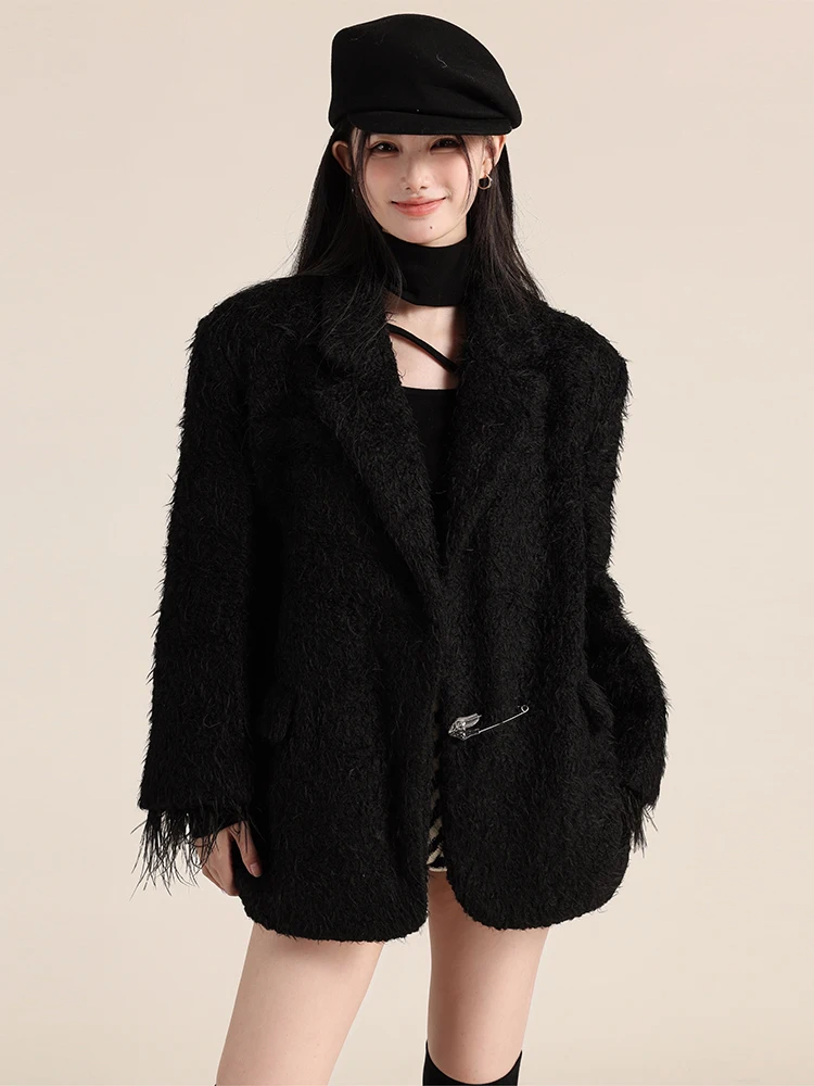 

Женский шерстяной костюм Jaet Bla средней длины, свободная утягивающая верхняя одежда, длинная свековая одежда для поездок на работу, однотонное зимнее новое поступление