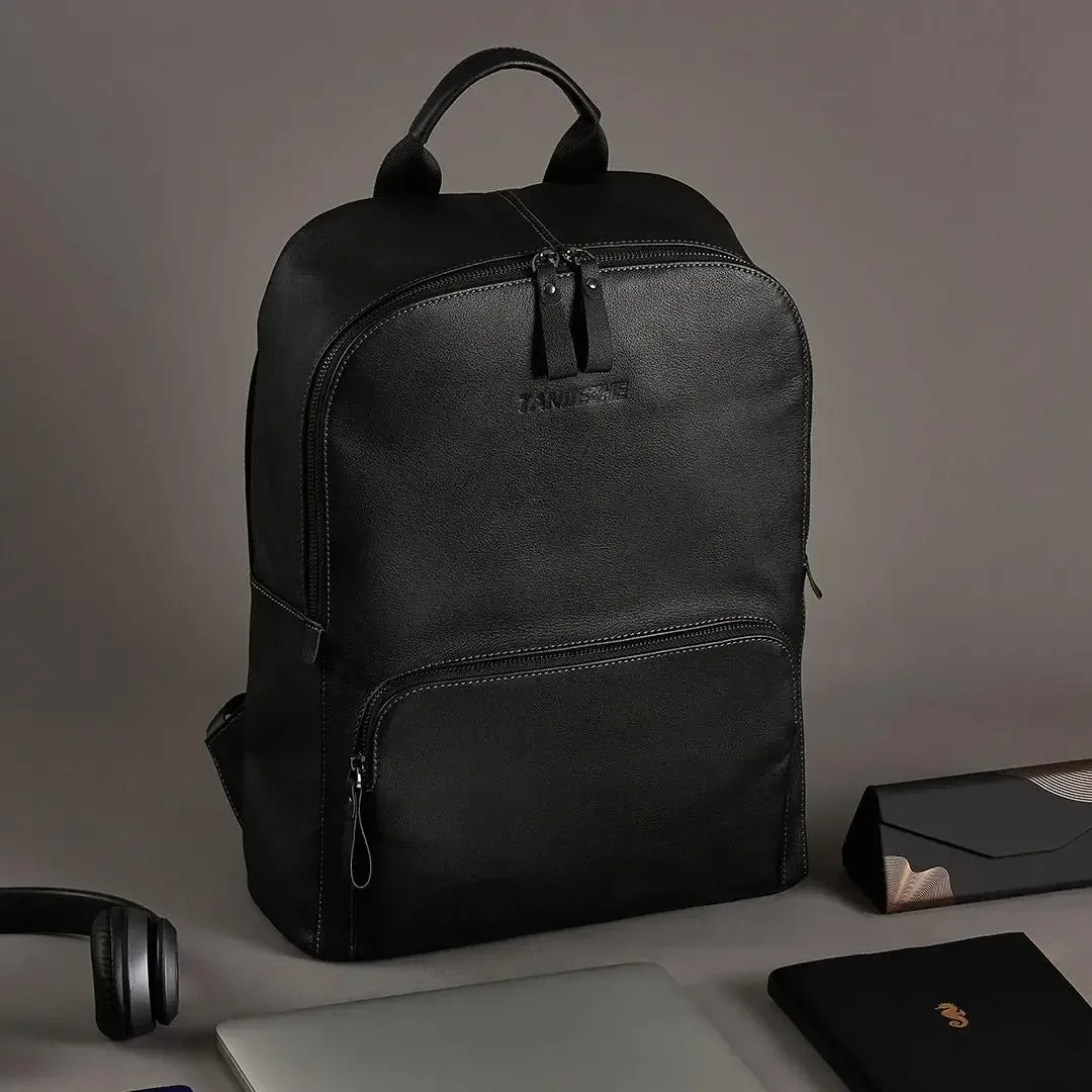 Xiaomi TANJIEZHE Black Leather Men Backpack Genuine Casual Daypack School Business Backpack Soft Skin 15.6 Inch Laptop Backpack