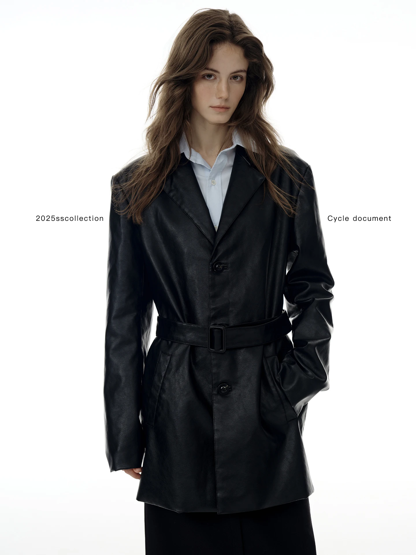 

Bla Loose PU Leather Jaet Women's Cool Sle Coat High Waist Design Commute Sle Long Sve Mid-Length Chinese Brand