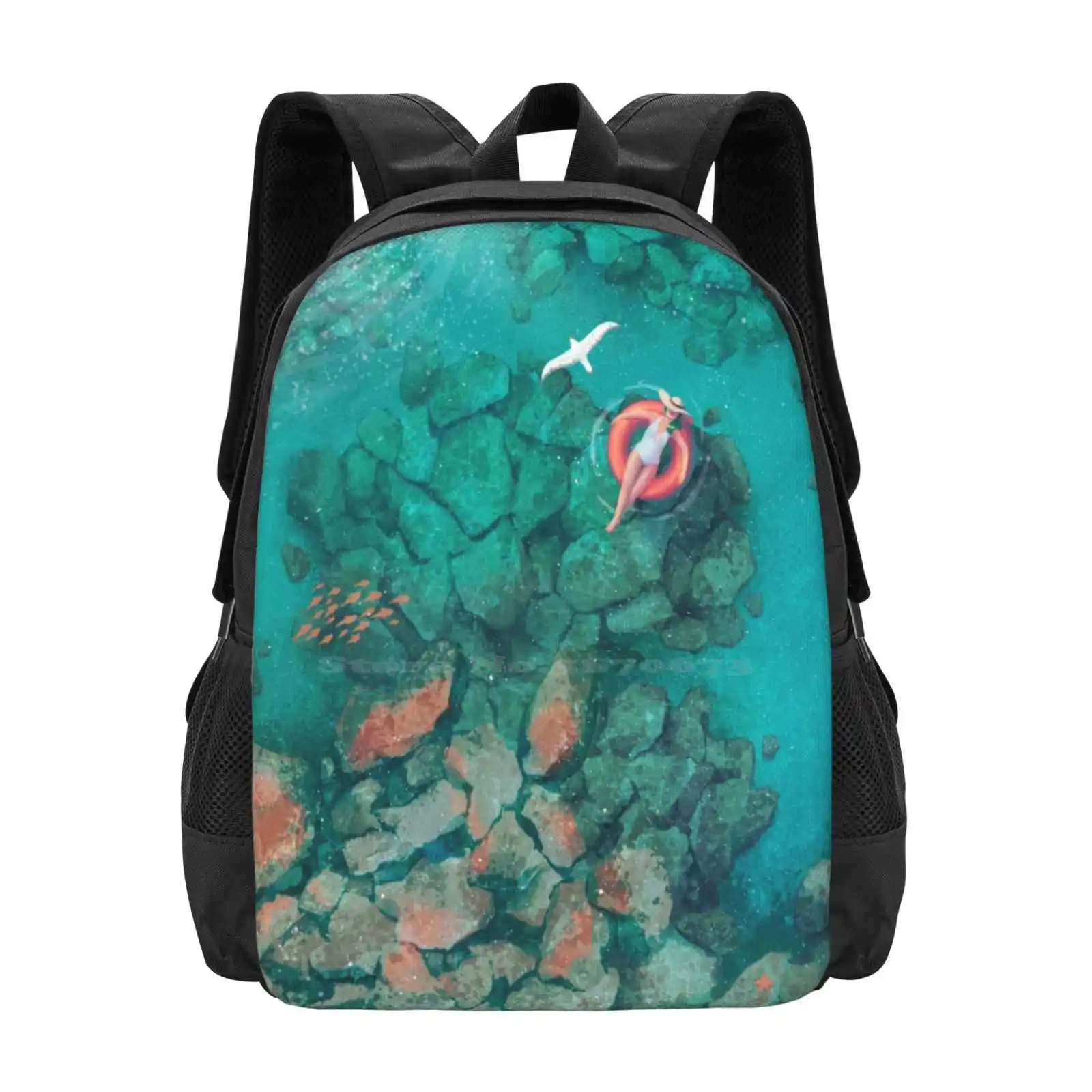 Saltwater Summer Pattern Design Bag Student'S Backpack Summer Tropical Landscape Sun Ocean Sea Tranquil Blue Water Happy Green