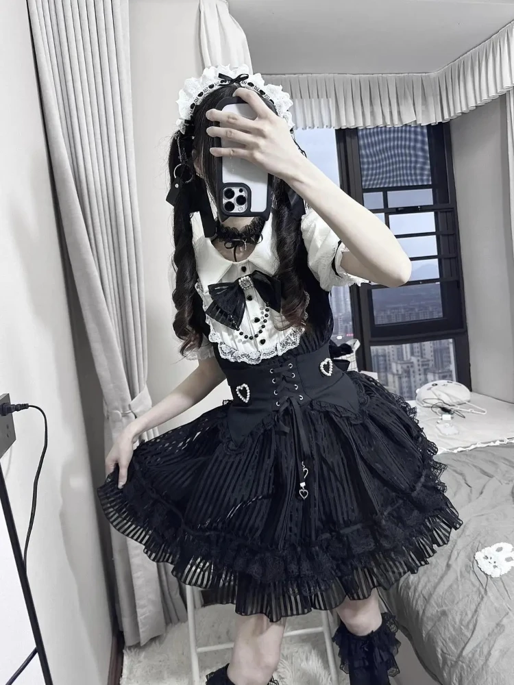 GothicLolita Skirt Set Women Black Lace Ruffled High Waist Corset Top Skirt Suit Vintage Elegant French Style Maid Outfit Summer