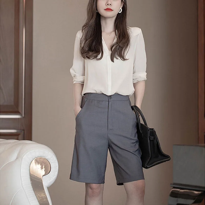 Light Ripening Korean Occupation Summer Women Grey Solid Color Trousers Solid Color Office Lady Trend Comfortable Casual Shorts