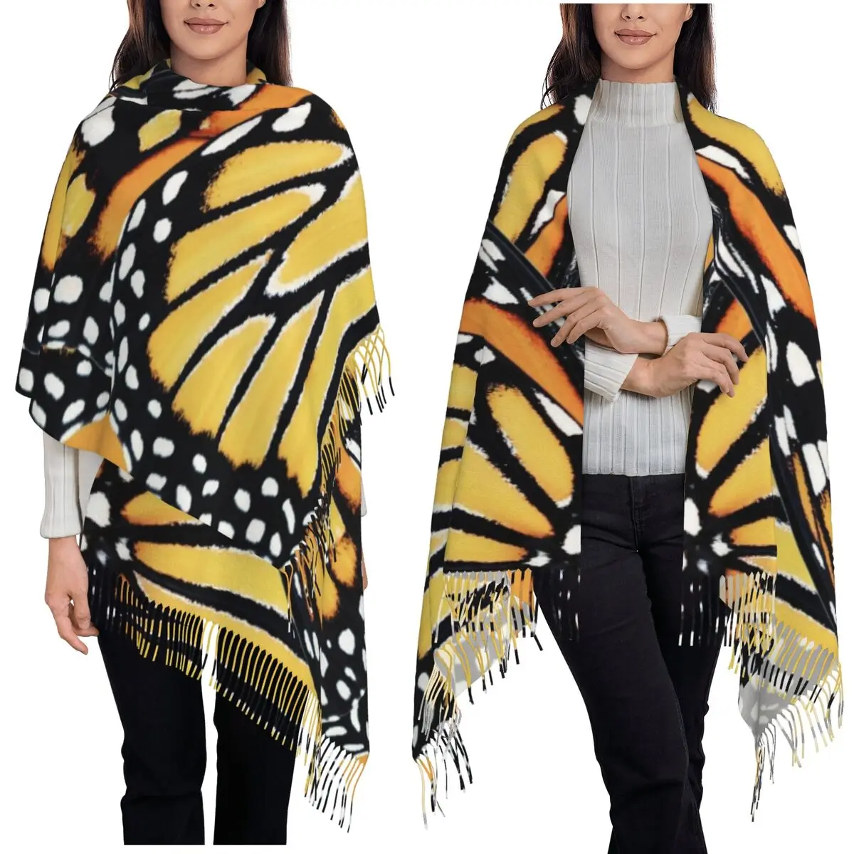 

Оранжевый шарф-бабочка с монархом, шарфы с кисточками, женские мягкие теплые шали и накидки, большая осенне-зимняя шаль