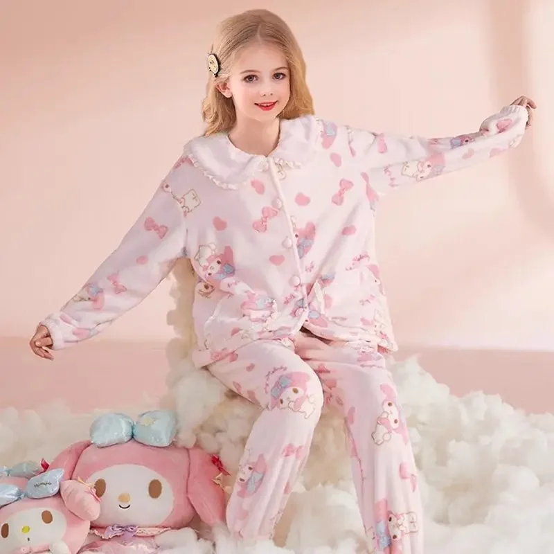 

Sanrios My Melody плюшевый пижамный костюм Kawaii с помпоном Purins, домашняя одежда, коралловый флис, женская одежда для сна, мягкий кардиган, топы, брюки, 2 шт.