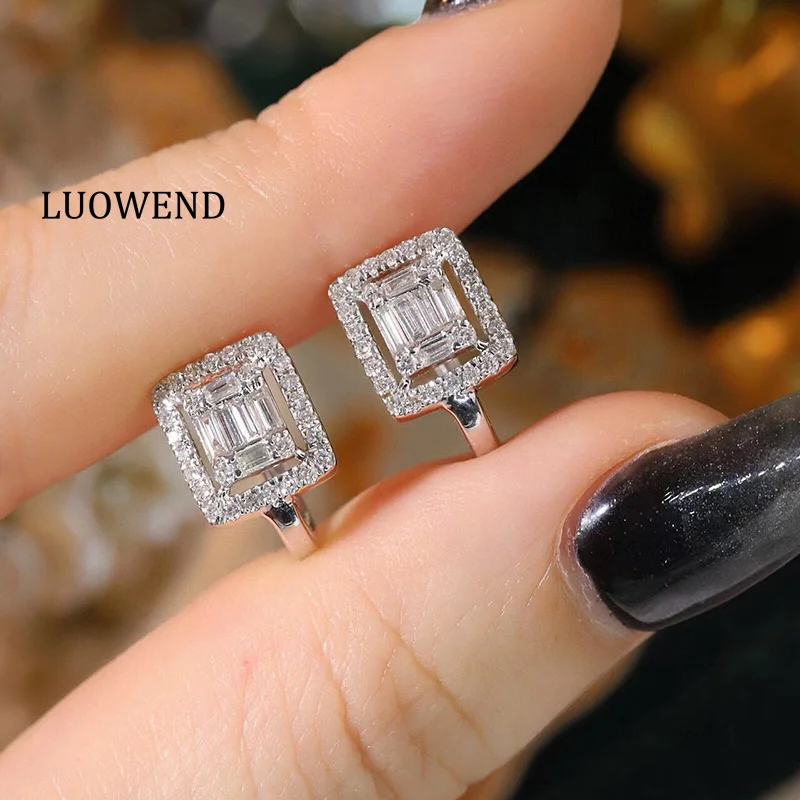 LUOWEND 100% 18K White Gold Earrings Women 0.60carat Real Natural Diamond Hoop Earrings Fashion Design High Wedding Jewelry