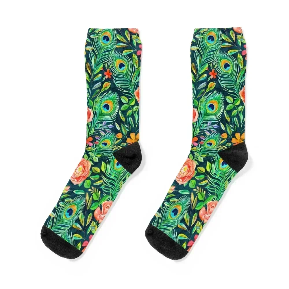 

Peacock Feather Posies on dark Socks hip hop Stockings compression retro winter thermal Woman Socks Men's