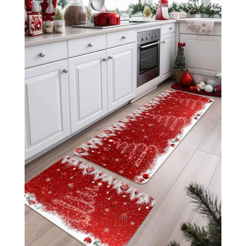 Red Christmas tree pine needle kitchen by mat flannel set or 2 floor mats 20inX31in 18inX47in