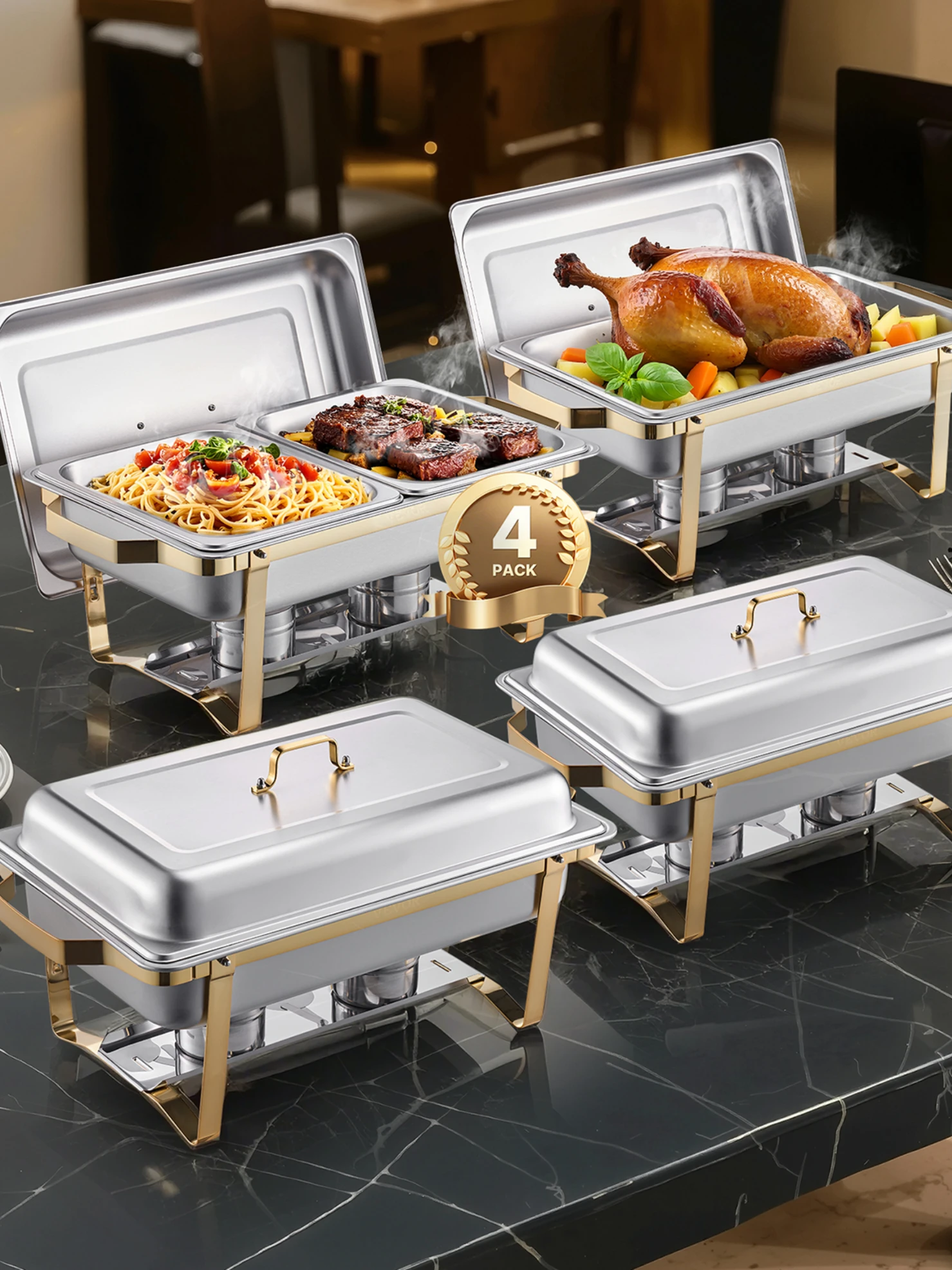 SucceBuy 8 Qt 4-pack komfoorbuffetset roestvrijstalen chafer met 2 volledige grootte en 4 halve grootte pannen Catering Warmer Server - afbeelding 2