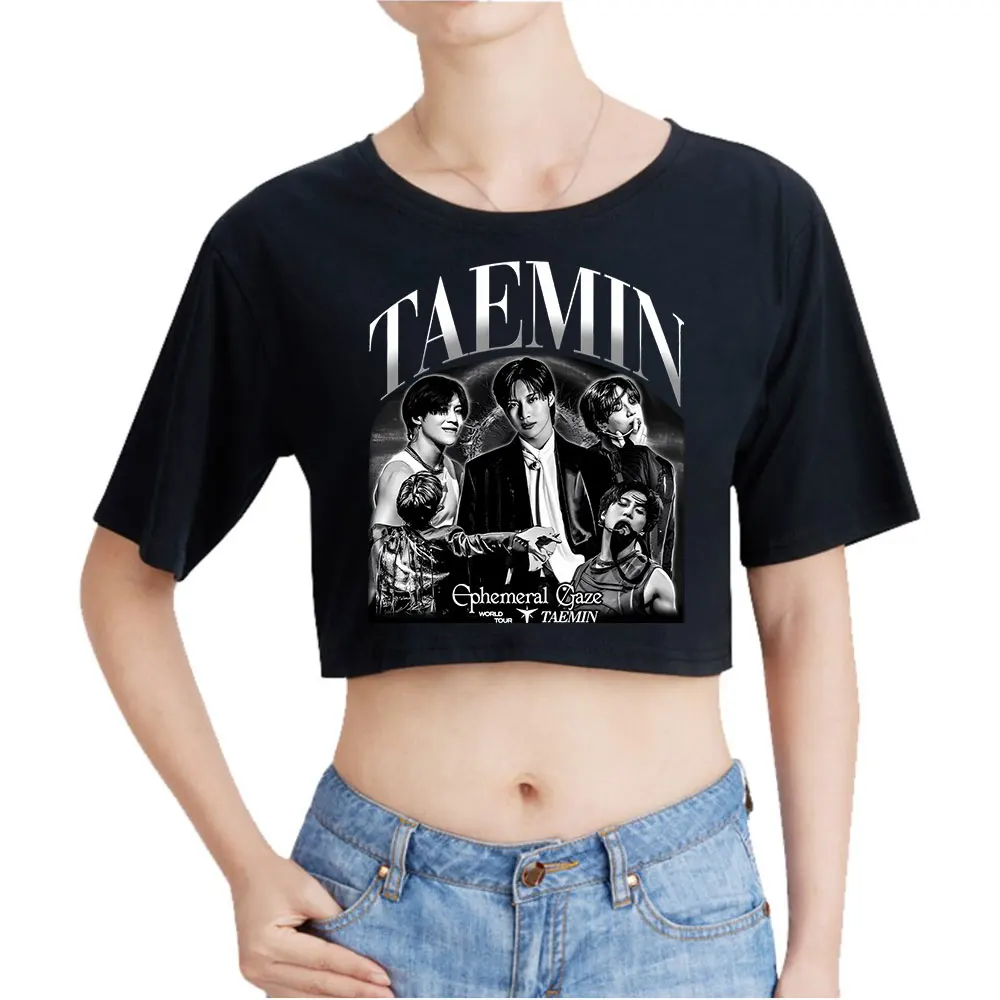 Taemin Ephemeral, винтажный укороченный топ 90-х годов, модные топы с круглым вырезом, футболка большого размера, модная женская футболка Blusa Y2k Top
